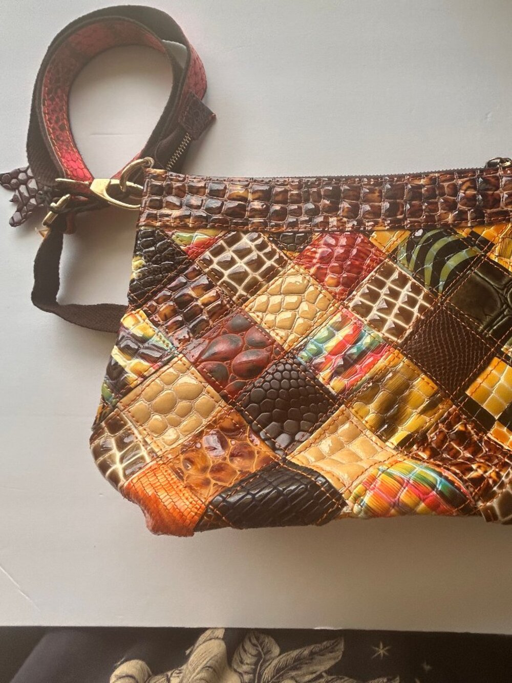 Boho Patchwork Floral Embossed Crossbody Bag | 3D Appliqué Flowers w/Rhinestone - Picture 6 of 15